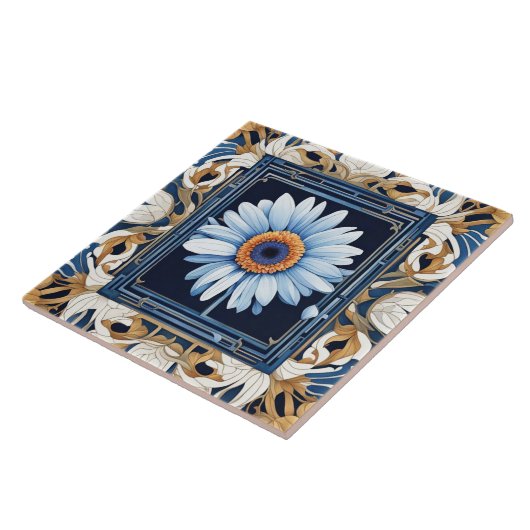 Art Nouveau Deko Blue White Gerbera Daisy Blume Fliese (Seite)