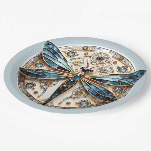 Art Nouveau Dragonfly Sapphires Pappteller (Schrägansicht)