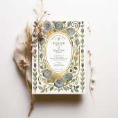 Art Nouveau Dusty Blue & Gold Roses Wedding Einladung