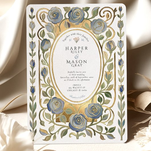 Art Nouveau Dusty Blue & Gold Roses Wedding Einladung