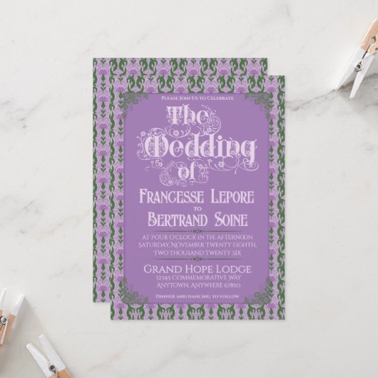 Art Nouveau Elegant Thistle Royal Lavender Einladung (Vorderseite/Rückseite Beispiel)