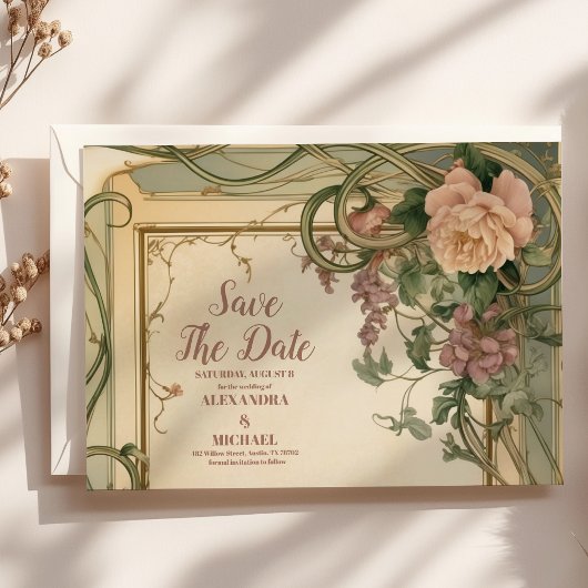 Art Nouveau Elegante Botanische Hochzeit Save The Date