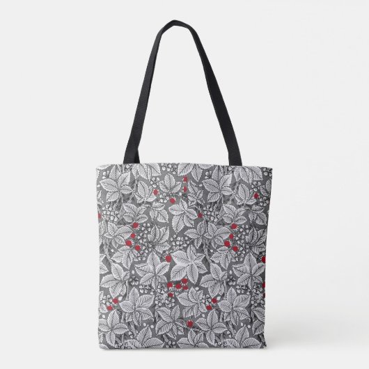 Art Nouveau Erdbeeren und Blätter, Silver Gray T Tasche (Rückseite)