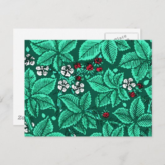 Art Nouveau Erdbeeren und Blätter, Türkis Postkarte (Vorne/Hinten)
