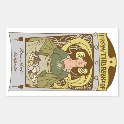 Art Nouveau Ex Libris Buchzeichen, handfarben Rechteckiger Aufkleber (Vorderseite)