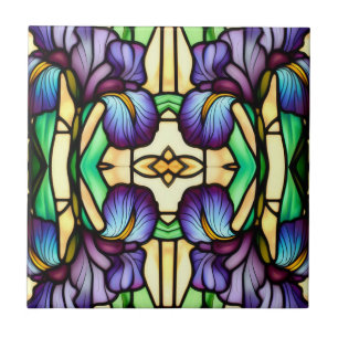 Art Nouveau Falsches Bleiglas Lila Iris Blumen Fliese