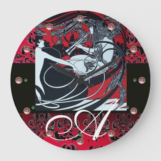 ART NOUVEAU FAUN Red Burgund, Black Damask Große Wanduhr (Vorderseite)