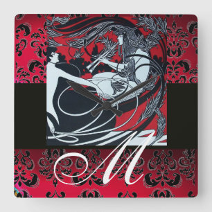 ART NOUVEAU FAUN Red Burgundy, Black Damask Quadratische Wanduhr