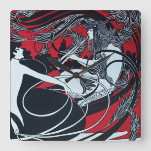 ART NOUVEAU FAUN Red Burgundy, Schwarz, Weiß Quadratische Wanduhr
