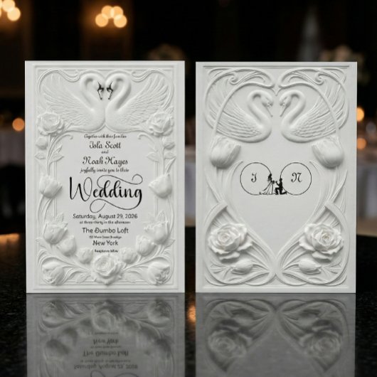 Art Nouveau Faux Embossed Swan Wedding Einladung