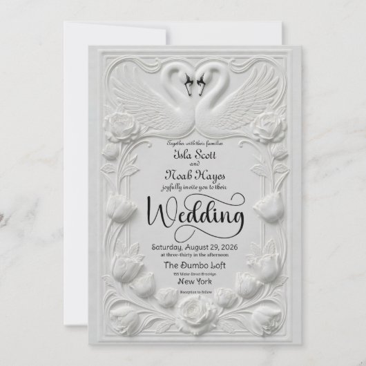Art Nouveau Faux Embossed Swan Wedding Einladung (Vorderseite)