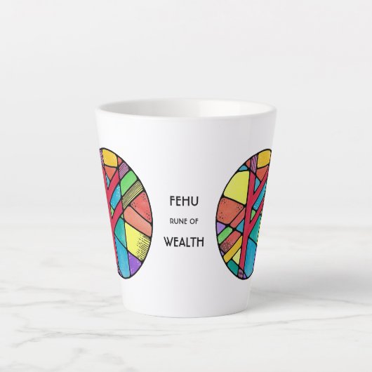Art Nouveau Fehu Rune Latte Tasse - WOHLSTAND! (Vorderseite)
