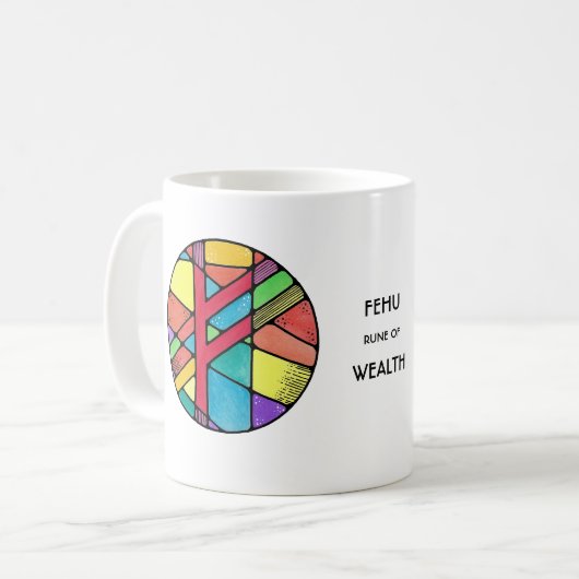 Art Nouveau Fehu Rune Tasse - WOHLSTAND! (Vorderseite Links)