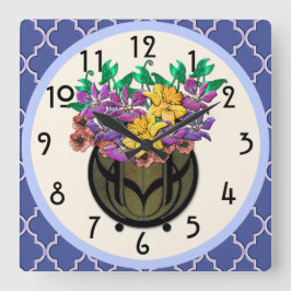 Art Nouveau Floral Bouquet und French Blue Tile Quadratische Wanduhr