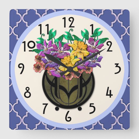 Art Nouveau Floral Bouquet und French Blue Tile Quadratische Wanduhr (Vorderseite)