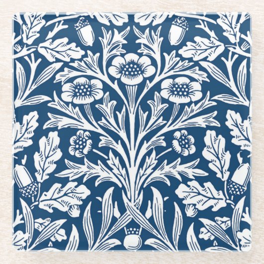 Art Nouveau Floral Damask, Kobalt Blau und Weiß Glasuntersetzer (Vorderseite)