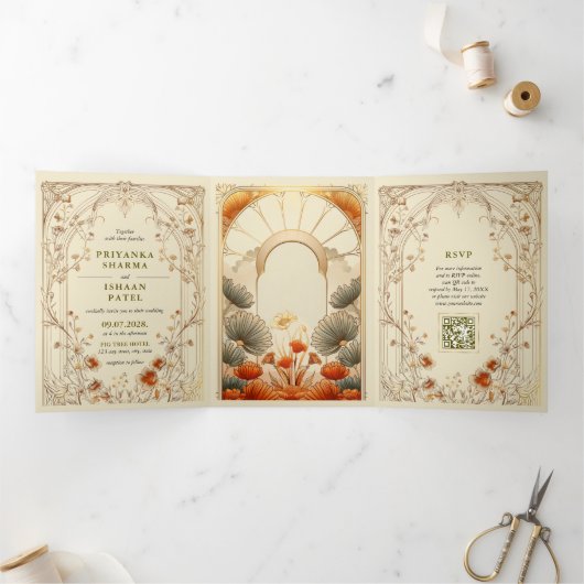 Art Nouveau Floral einzigartiger QR Code Alles in Dreifach Gefaltete Einladung (Innenseite)