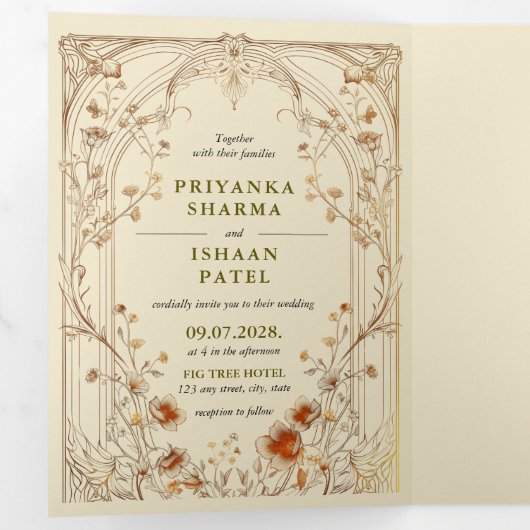 Art Nouveau Floral einzigartiger QR Code Alles in Dreifach Gefaltete Einladung (Innen Erste Seite)