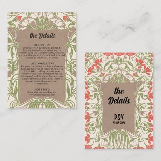 Art Nouveau Floral Elegante Hochzeit Details Begleitkarte (Vorne/Hinten)