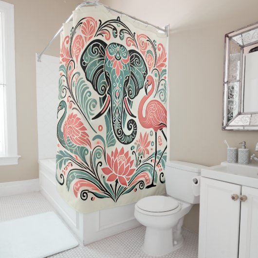Art Nouveau Floral Elephant Pink Flamingos Duschvorhang (Beispiel)
