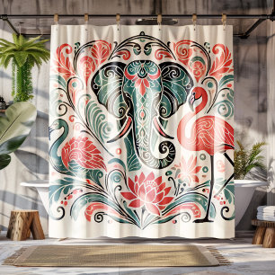Art Nouveau Floral Elephant Pink Flamingos Duschvorhang