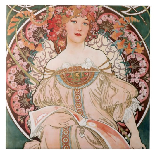 Art Nouveau Floral Frau Mucha Französisch Grün Fliese (Vorderseite)