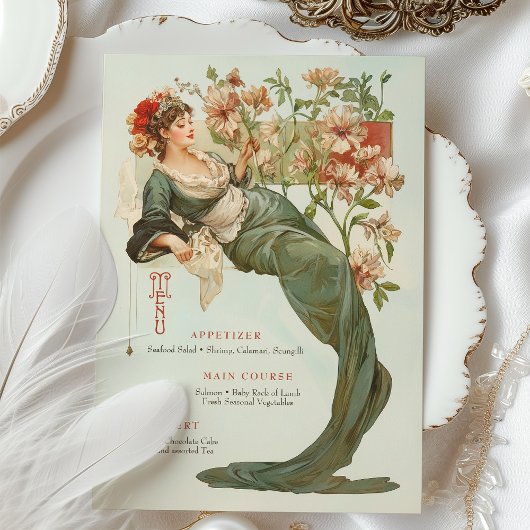Art Nouveau Floral Goddess Menu Card Einladung