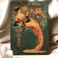 Art Nouveau Floral Goddess Menü Karte Aquamarines