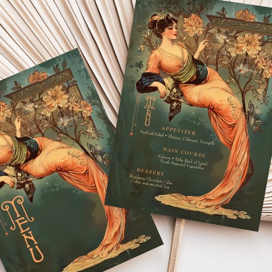 Art Nouveau Floral Goddess Menü Karte Aquamarines