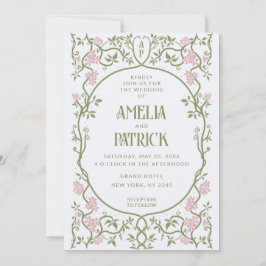 Art Nouveau Floral Green und Pink Wedding Einladung