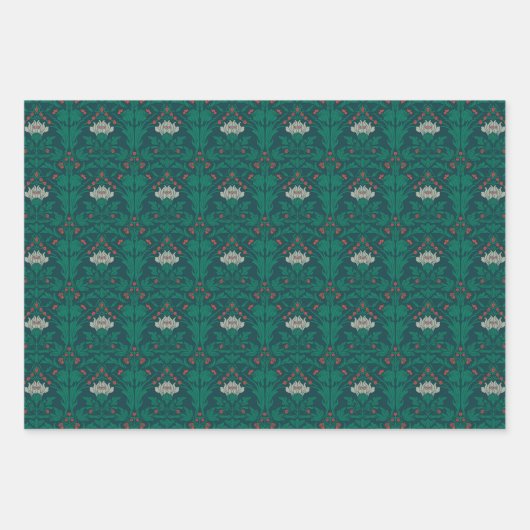 Art Nouveau Floral Green Weiß Rot Grau Geschenkpapier Set (Vorderseite)