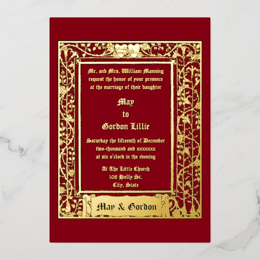 Art Nouveau Floral Vine Border & Hearts Wedding Folieneinladung (Vorderseite)