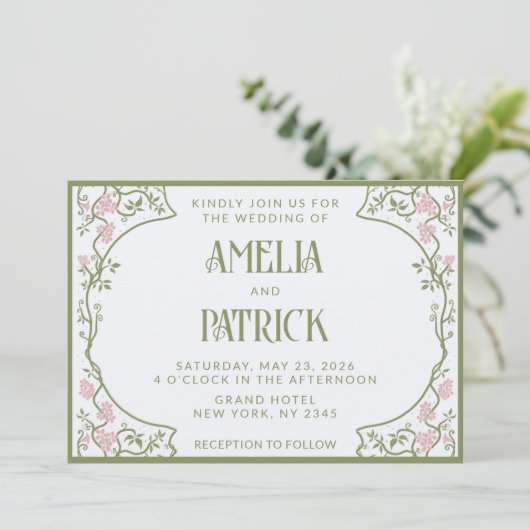 Art Nouveau Floral Wedding Green and Pink Einladung (Stehend Vorderseite)