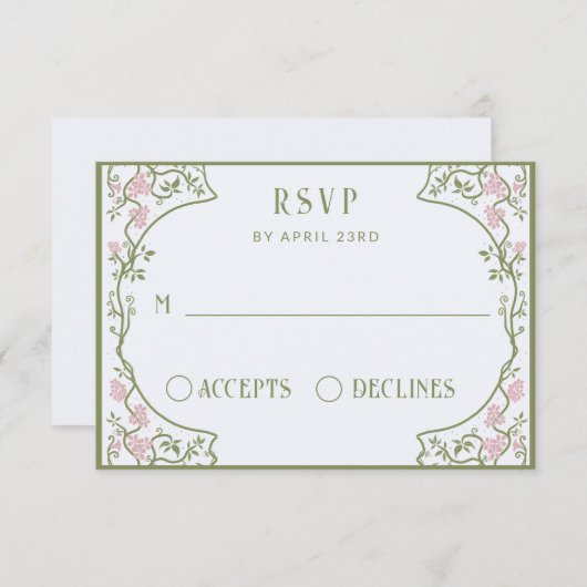 Art Nouveau Floral Wedding Green and Pink RSVP Karte (Vorne/Hinten)