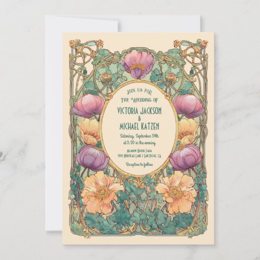 Art Nouveau Floral Wedding Invitation Einladung (Vorderseite)