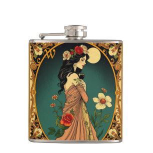 Art Nouveau Floral Woman Illustration Flachmann
