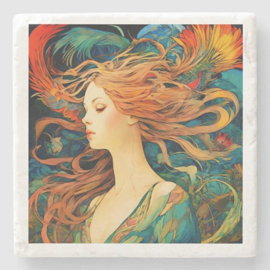Art Nouveau "Flowing Redhead" Marble Coaster Steinuntersetzer (Vorderseite)