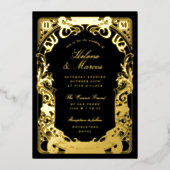 Art Nouveau Frame Monogram Wedding Black Gold Folieneinladung (Vorderseite)