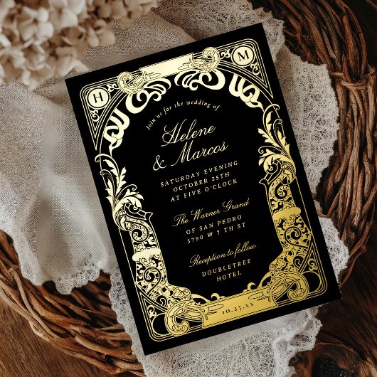 Art Nouveau Frame Monogram Wedding Black Gold Folieneinladung