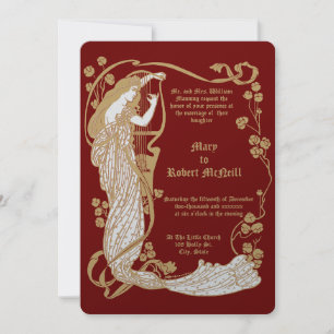 Art Nouveau Frau & Harfe in Rosen Hochzeit Einladung