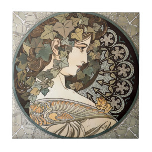 Art Nouveau Frau im Vintage-Stil von Alphonse Much Fliese