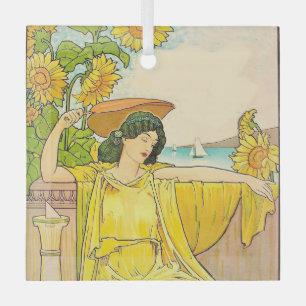Art Nouveau Frau mit Sonnenblumen  Ornament Aus Glas