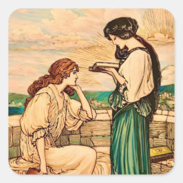 Art Nouveau Frauen beim Lesen am Meer im Vintage-S Quadratischer Aufkleber