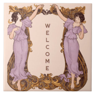 Art Nouveau Frauen Blumenrahmen Vintage Dekorativ Fliese