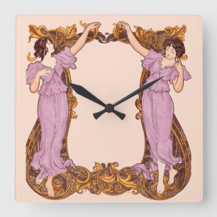 Art Nouveau Frauen Blumenrahmen Vintage-Dekorative Quadratische Wanduhr