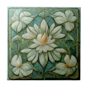 Art Nouveau French White Floral, Blue Vintag Art Fliese
