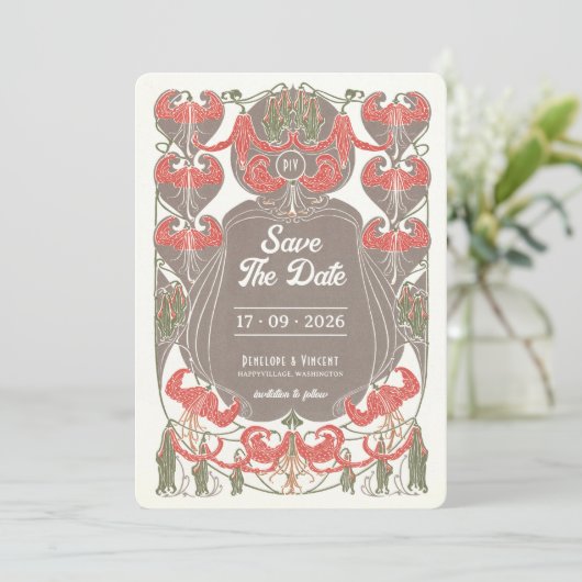 Art Nouveau Fuchsia Elegante Save the Date Einladung (Stehend Vorderseite)