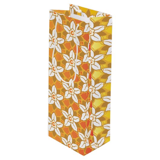 Art Nouveau gelb Jonquil Blumengestapel Damaskus Geschenktüte Für Weinflaschen (Vorderseite Schrägansicht)
