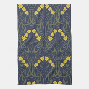 Art Nouveau Gelbe Narzissen und Stiele Blau Geschirrtuch