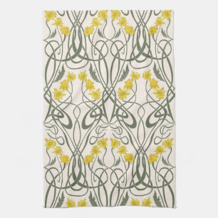 Art Nouveau Gelbe Narzissen und Stiele Creme Geschirrtuch